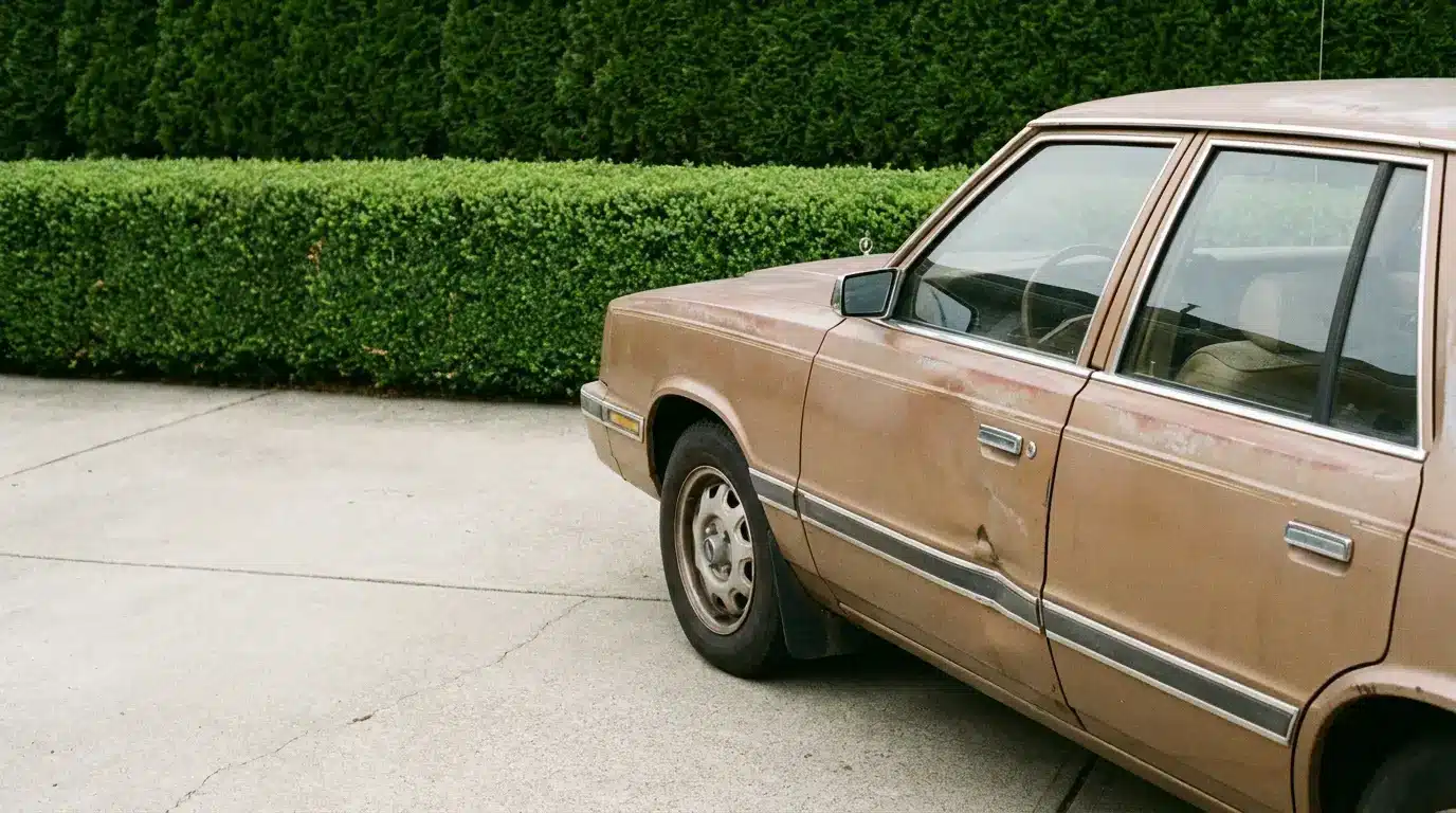 Aged brown sedan with dented door parked on concrete driveway near green hedge