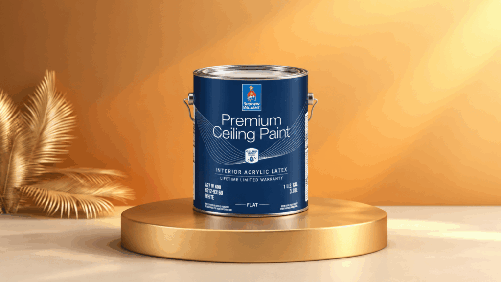 herwin williams premium ceiling paint placed on a warm pedestal with soft indoor lighting and shadows