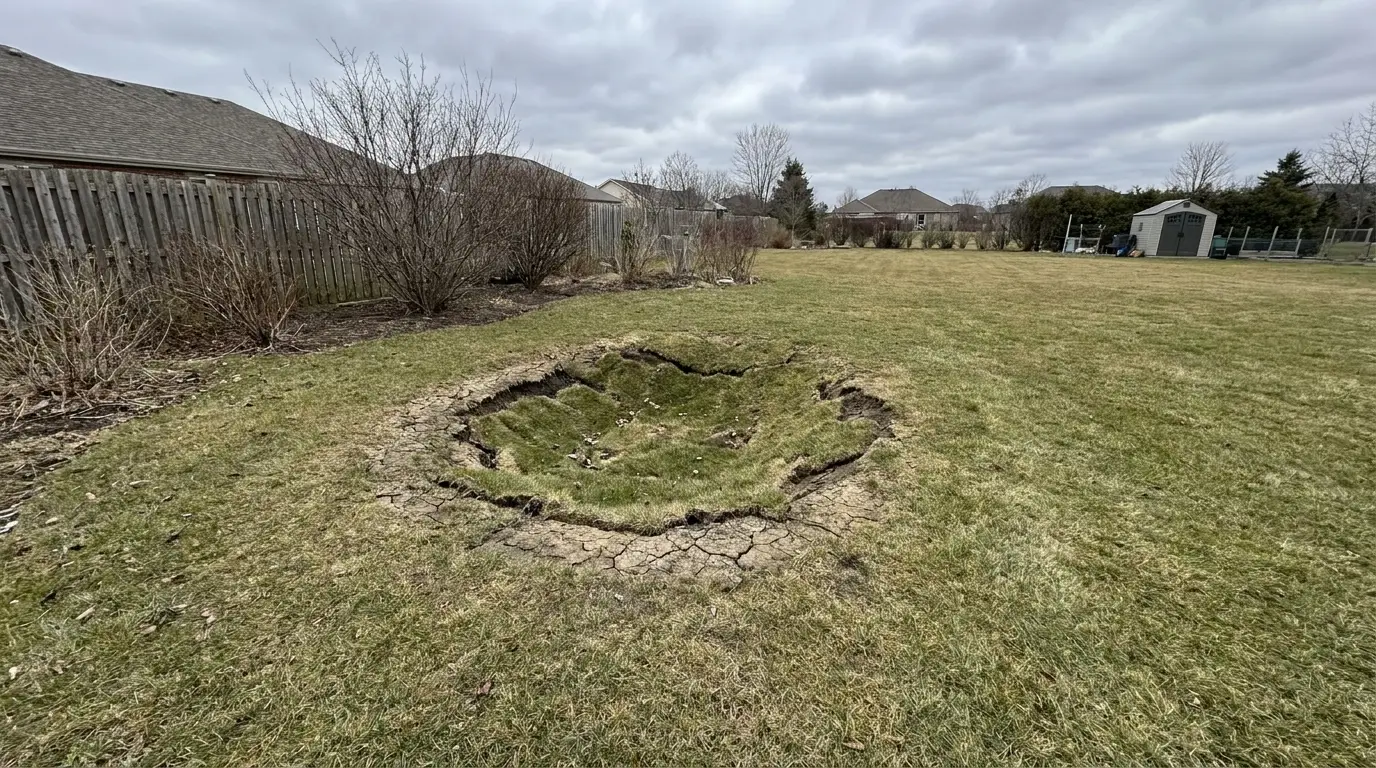 Sunken patch of grass in backyard surrounded by sparse shrubs under cloudy sky