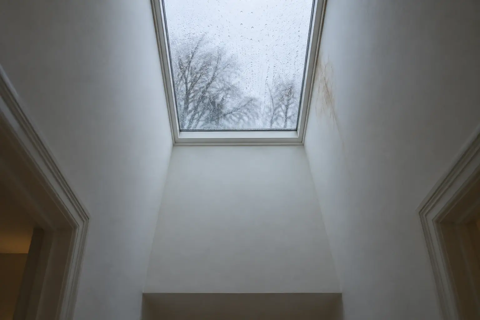 Skylight with raindrops and bare tree branches visible through the window in an indoor setting