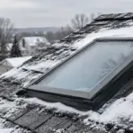 Snow-covered roof with a skylight, suburban houses in the background, overcast sky