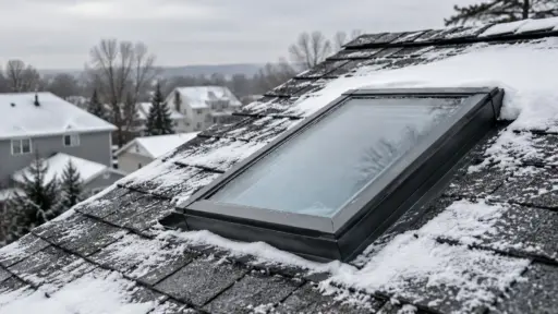 Snow-covered roof with a skylight, suburban houses in the background, overcast sky