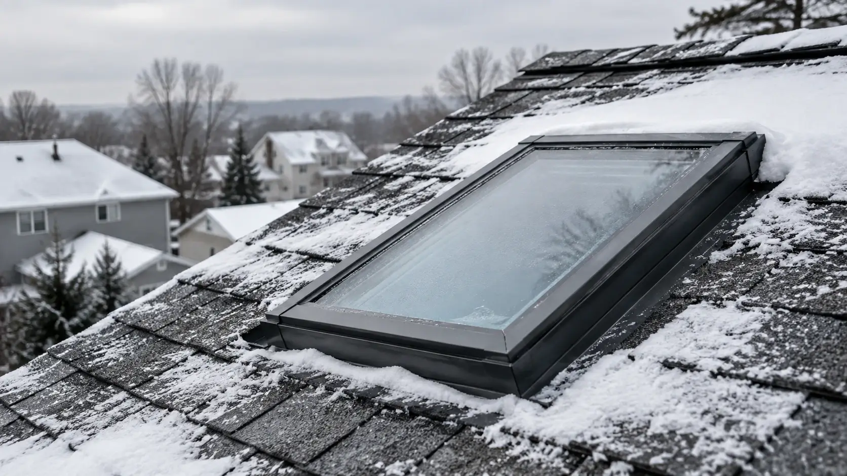 Snow-covered roof with a skylight, suburban houses in the background, overcast sky