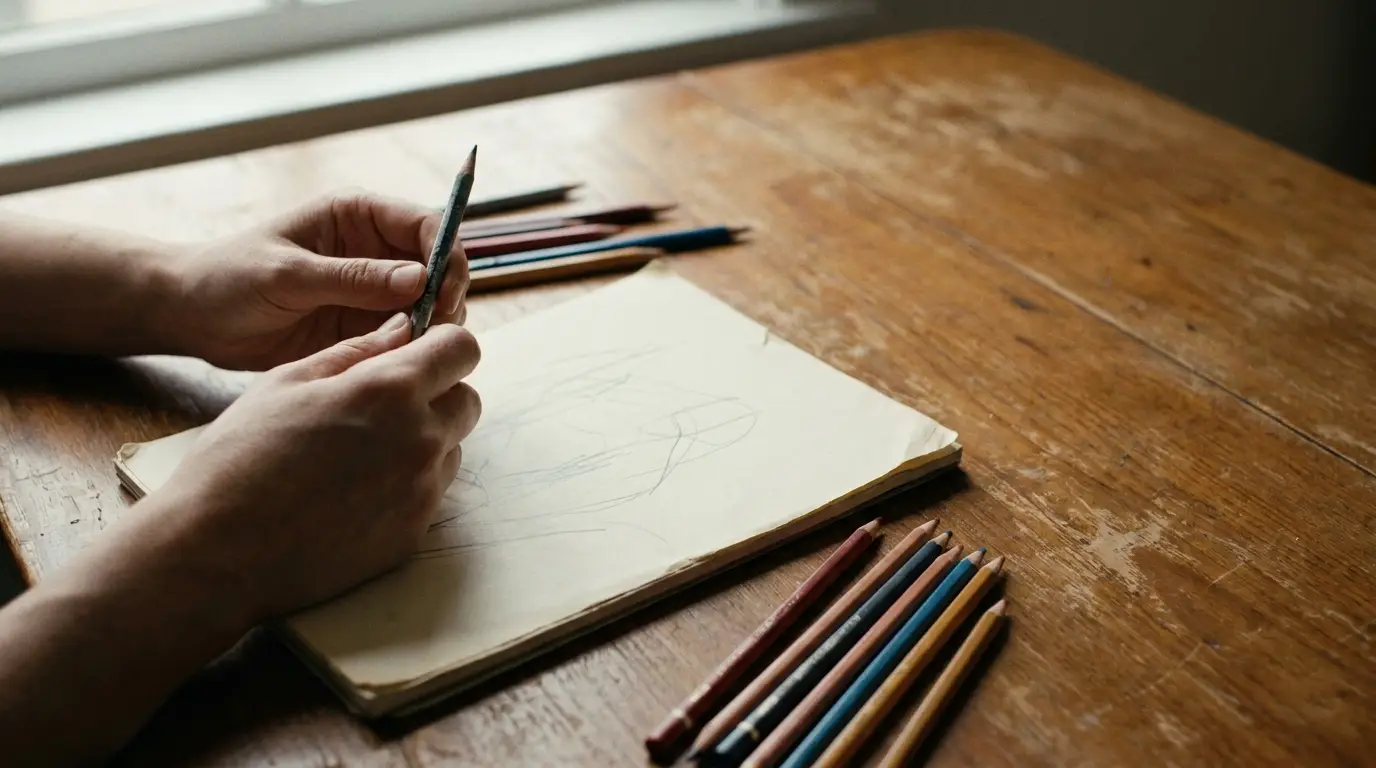 Hands drawing with colored pencils on sketchpad on wooden table