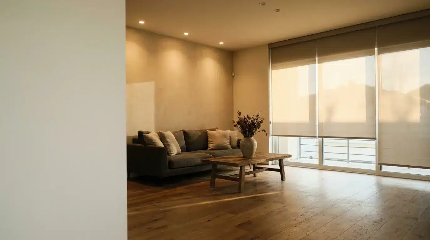 Modern living room with gray sofa and wooden coffee table in warm natural light