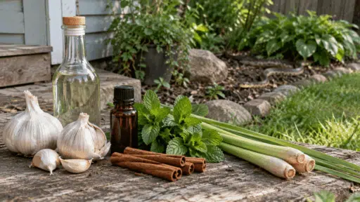 garlic cinnamon peppermint lemongrass and essential oil arranged outdoors with a snake moving through the garden