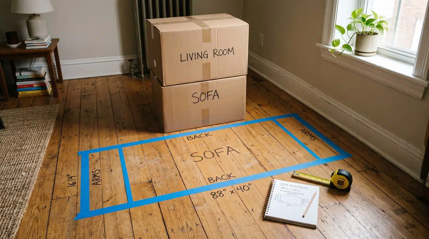 Cardboard boxes and measuring tape on wooden floor in living room with labeled space for new sofa
