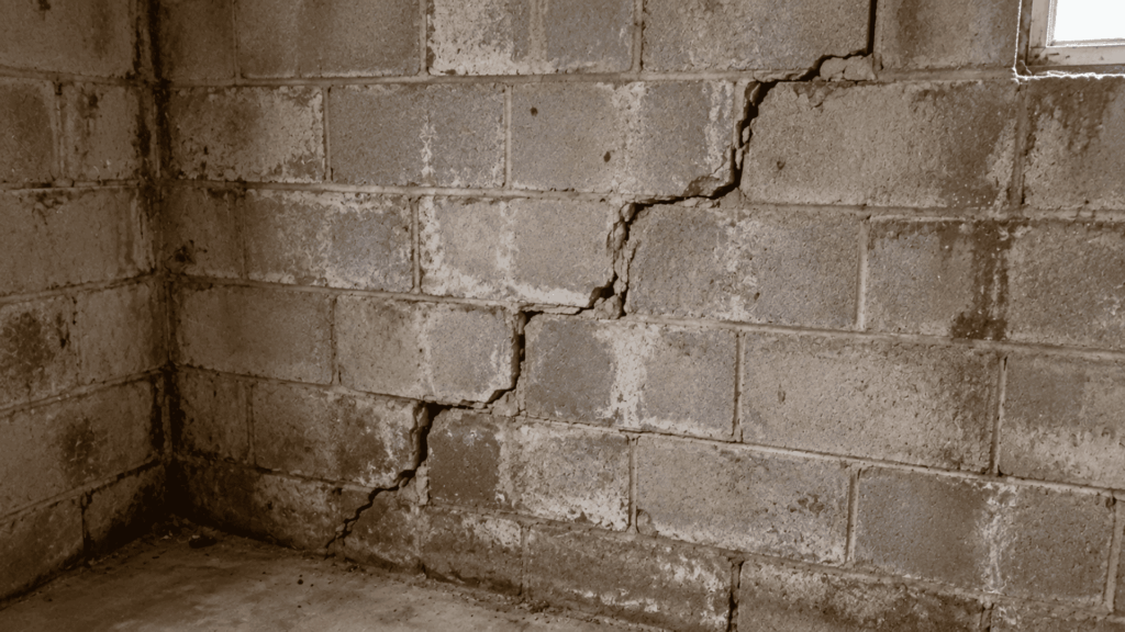 stair step crack following mortar joints in a concrete block basement foundation wall