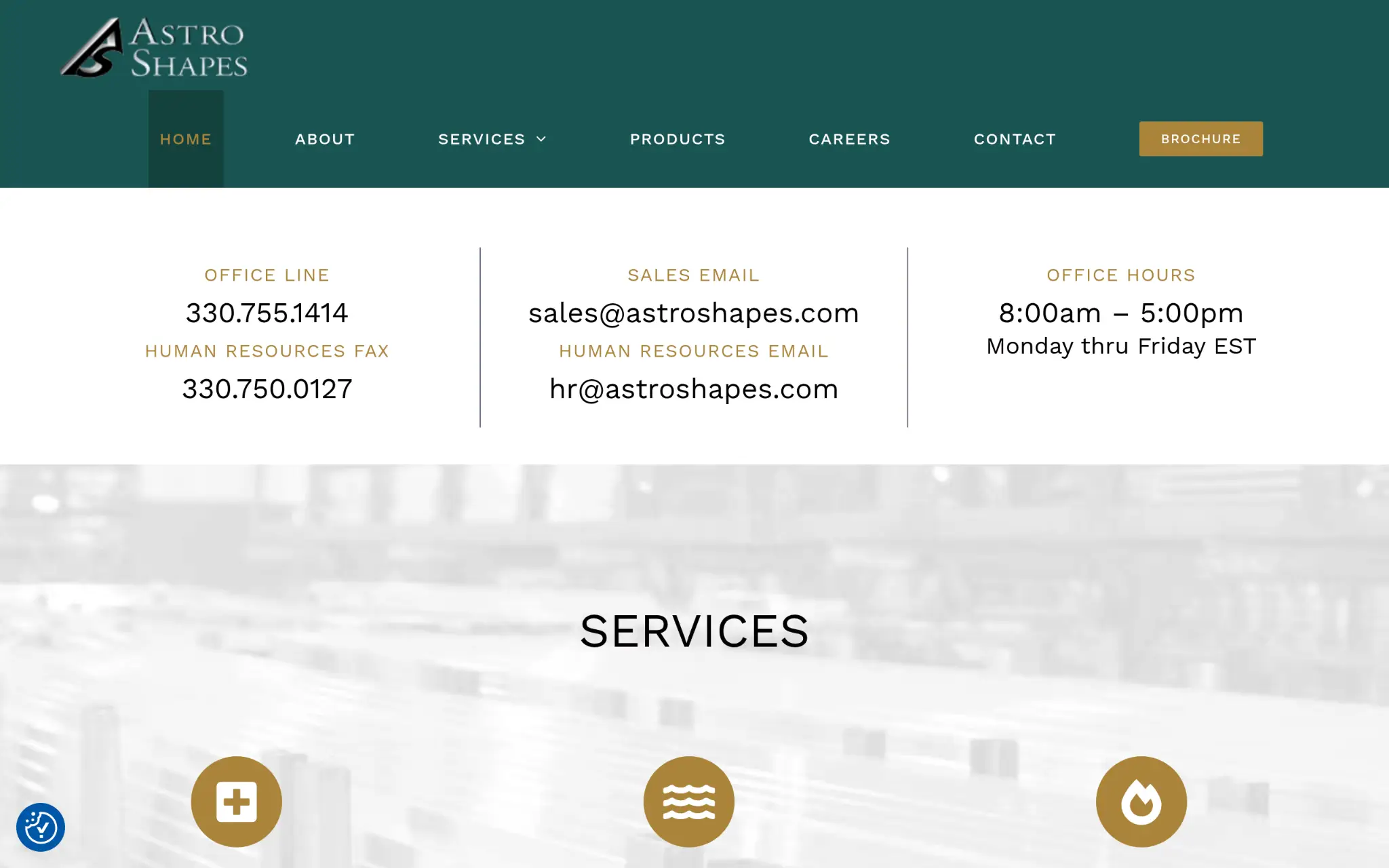 Website header displaying contact details and navigation menu with teal and white color scheme