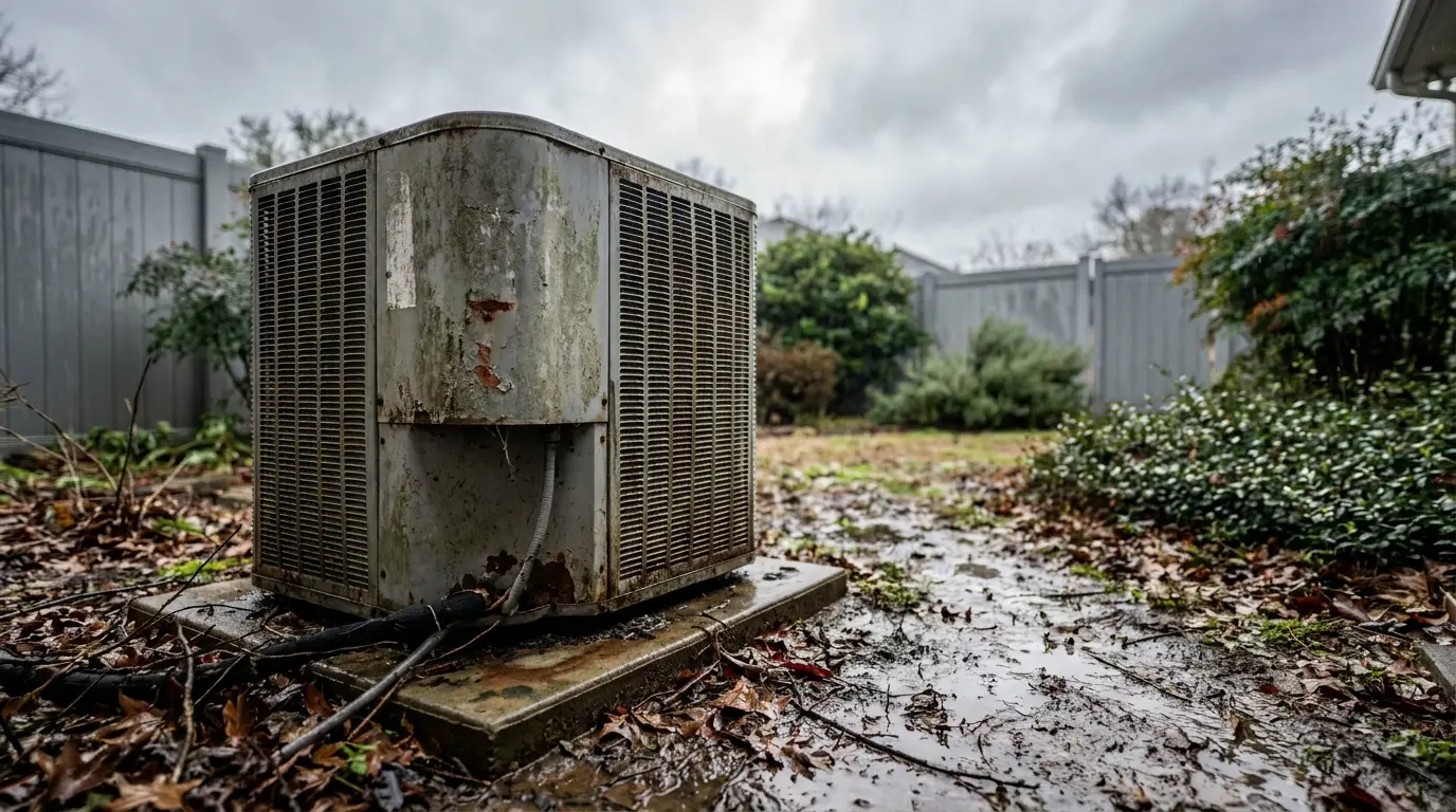 Rusty air conditioning unit in a muddy backyard surrounded by overcast sky and greenery