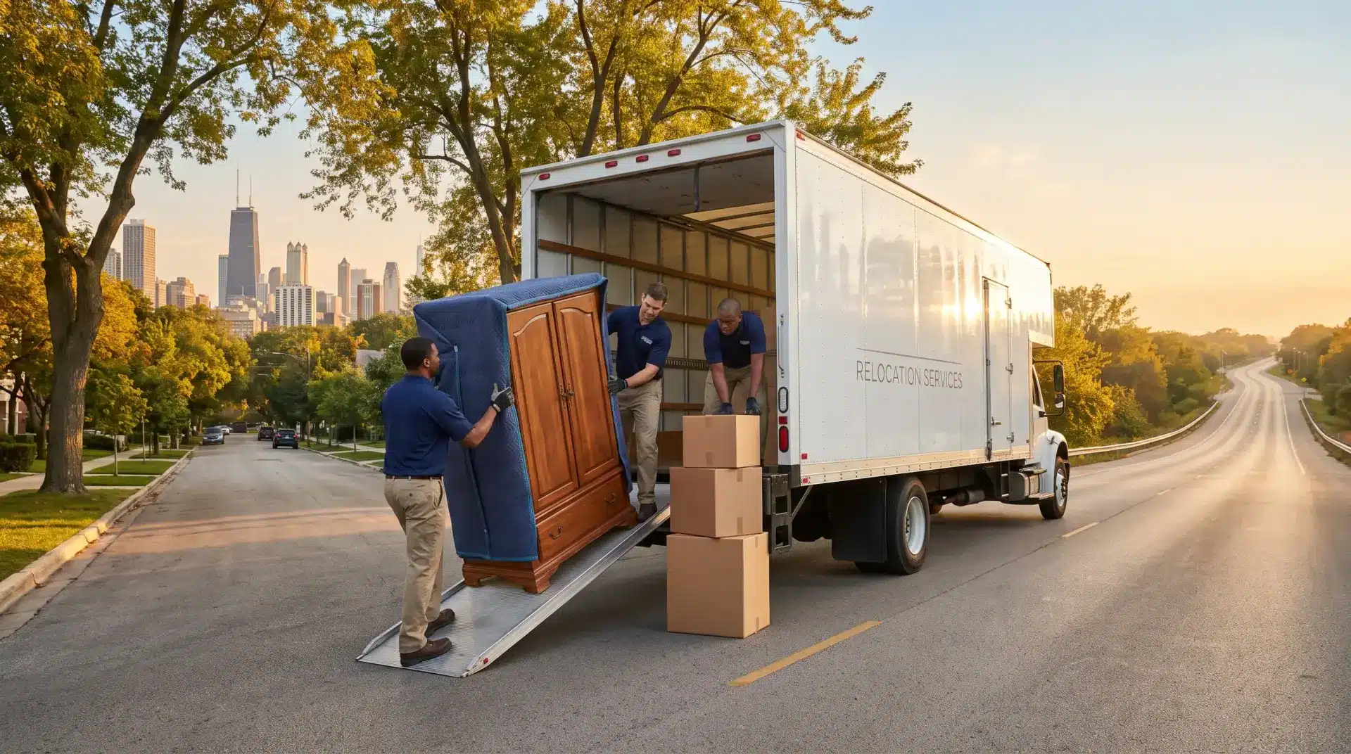 Movers loading a wooden cabinet and boxes into a truck on a tree-lined street