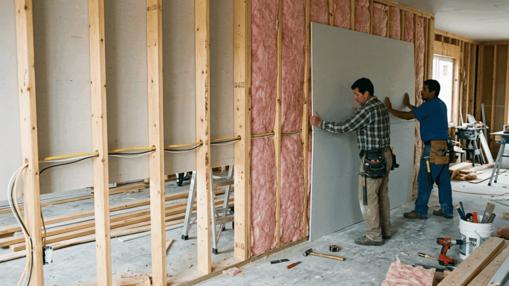 drywall being installed over wooden studs with insulation and electrical wiring inside the wall cavity