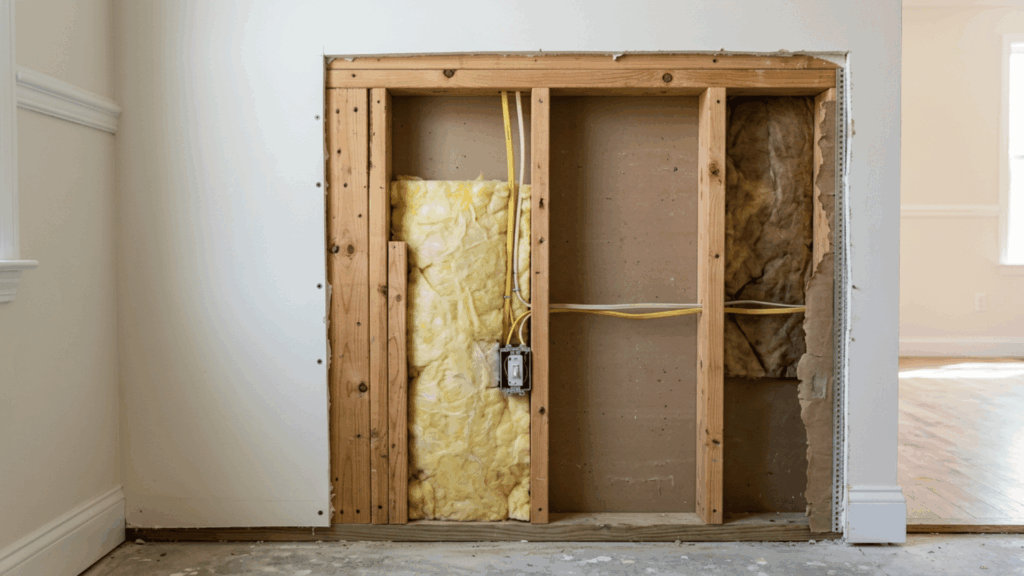 exposed wall shows vertical wooden studs top and bottom plates insulation wiring and drywall inside framing