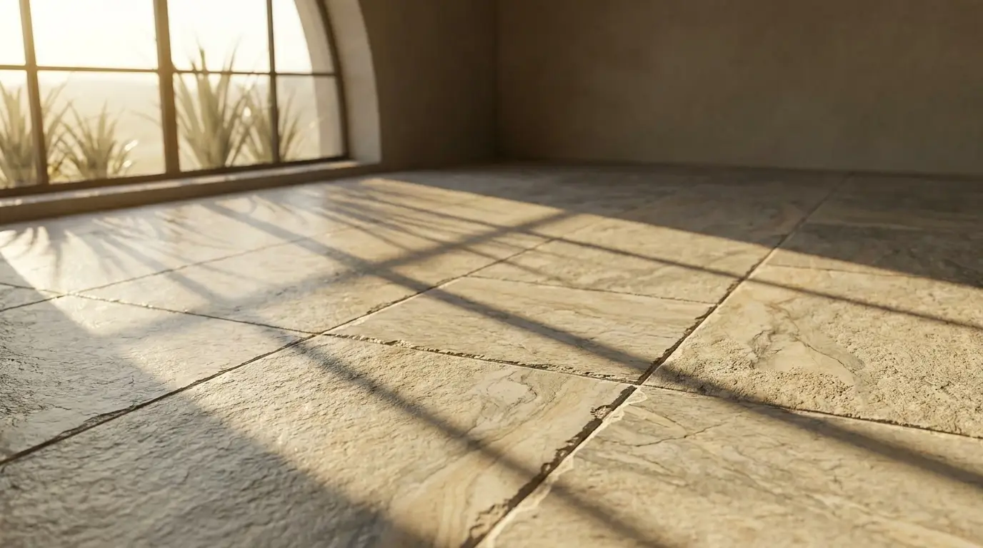 Sunlight casting shadows on stone-tiled floor near large arched window