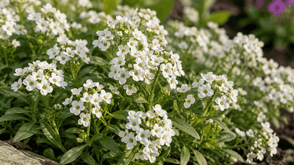 white sweet alyssum flowers blooming in a sunny garden bed with soft green foliage in the background