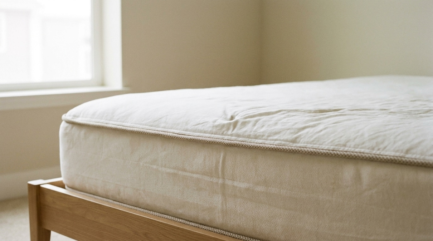 Mattress with beige cover on wooden bed frame in sunlit room
