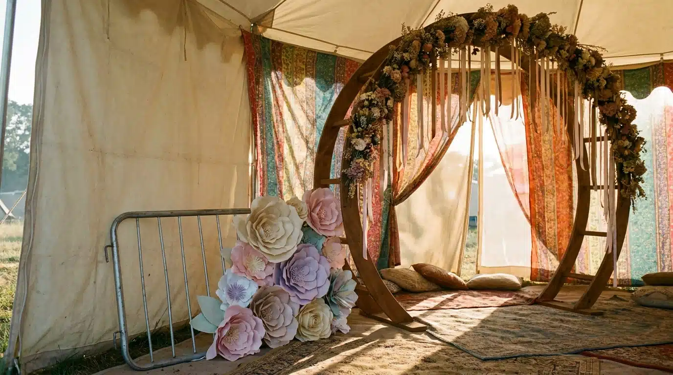 Floral arch with colorful fabric backdrop in sunlit outdoor tent setting