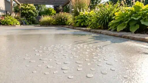 Water droplets on smooth concrete patio surrounded by lush greenery under a wooden pergola