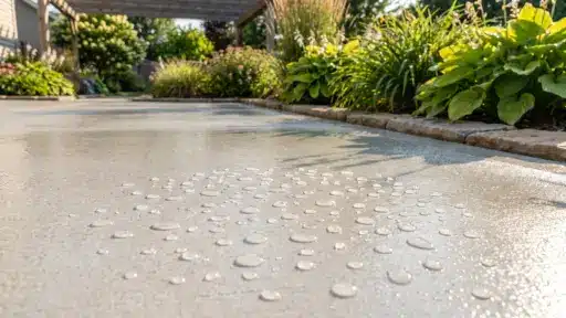 Water droplets on smooth concrete patio surrounded by lush greenery under a wooden pergola