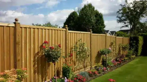 Wooden garden fence with blooming flowers and shrubs on sunny day