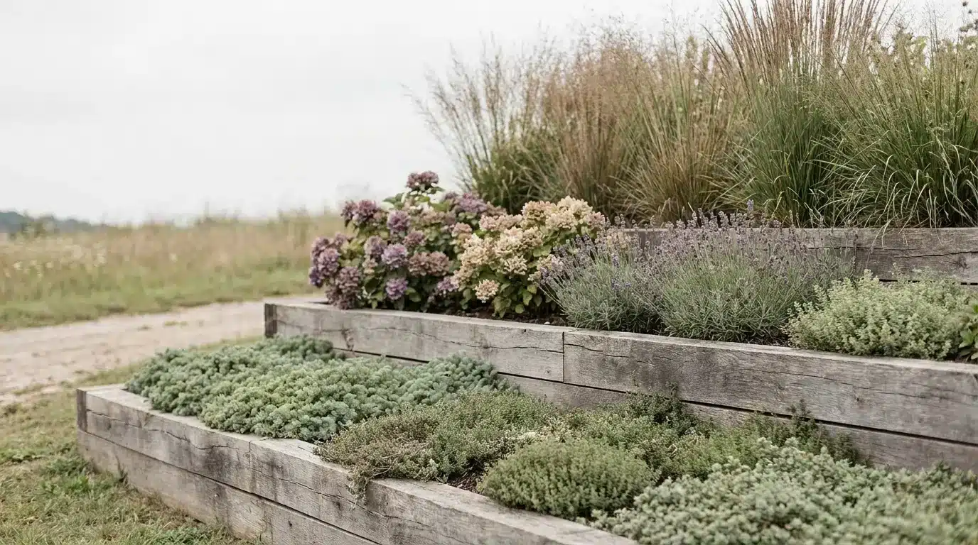 Tiered wooden garden beds with lush green and purple plants in an outdoor setting