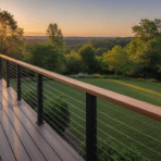 Wooden deck with metal railing overlooking lush green landscape at sunset
