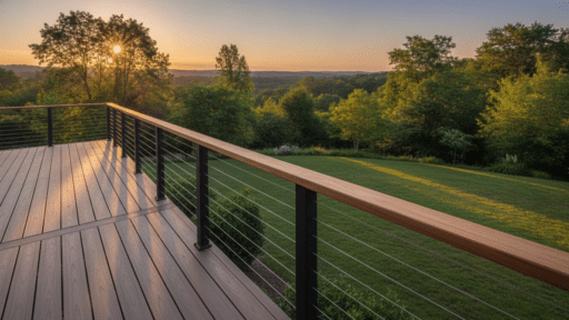 Wooden deck with metal railing overlooking lush green landscape at sunset
