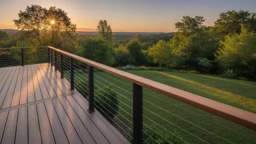 Wooden deck with metal railing overlooking lush green landscape at sunset