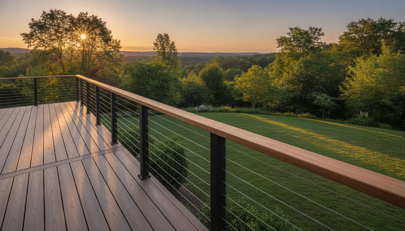 Wooden deck with metal railing overlooking lush green landscape at sunset