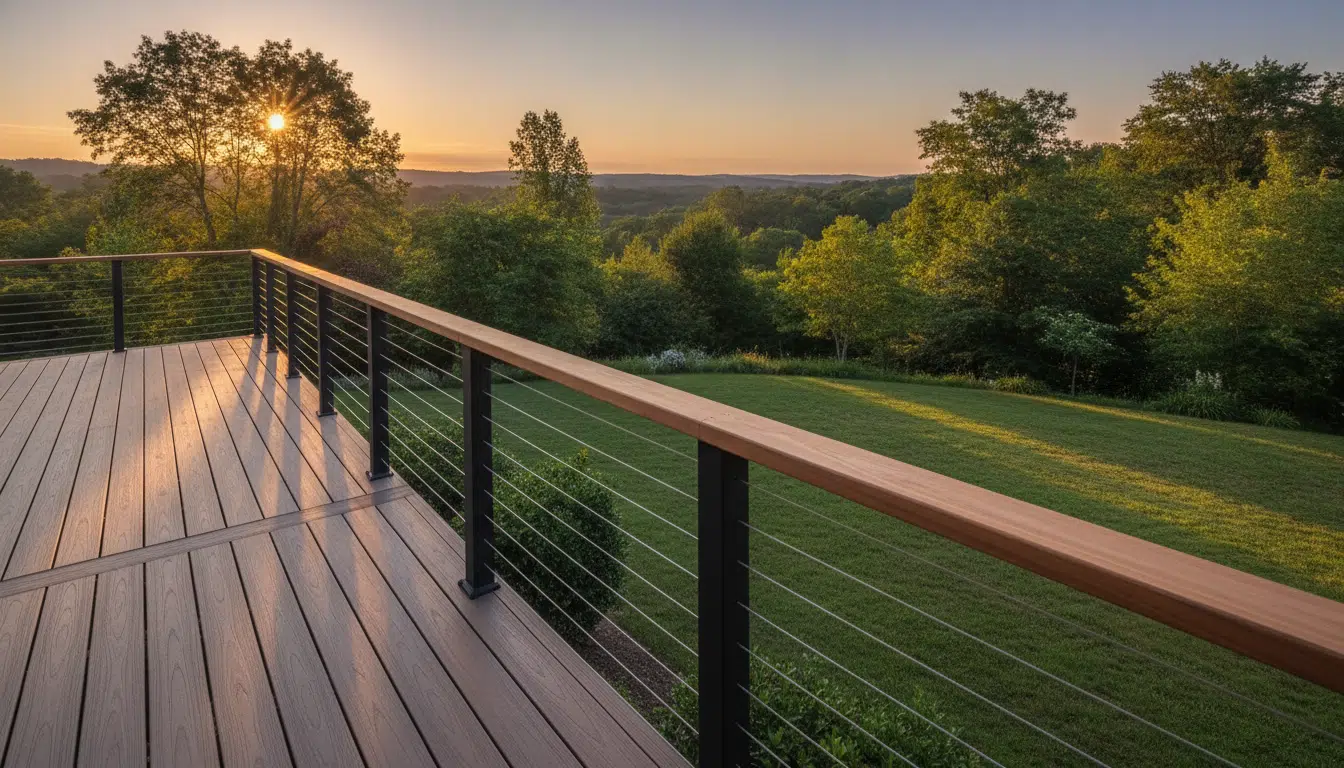 Wooden deck with metal railing overlooking lush green landscape at sunset