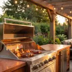 Outdoor kitchen with steaks grilling on stainless steel barbecue under pergola lights