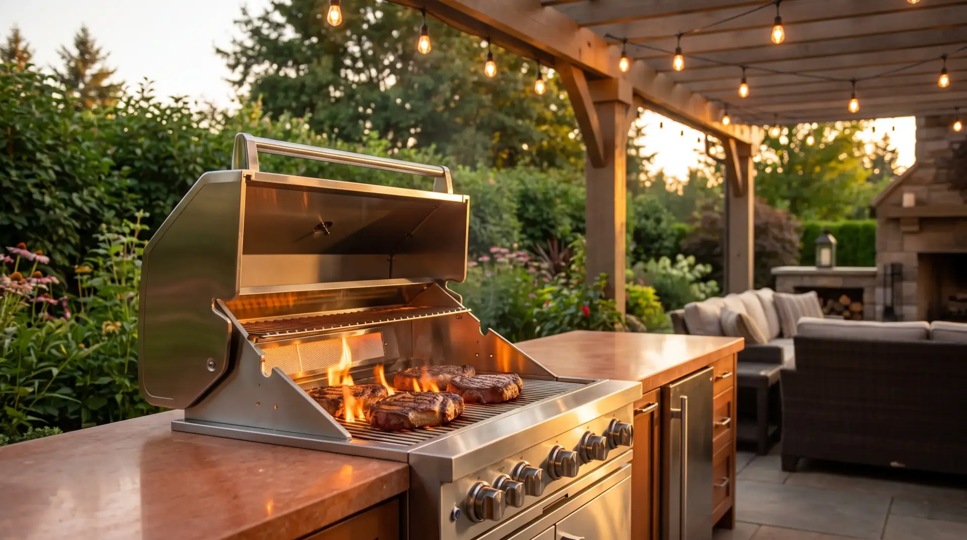 Outdoor kitchen with steaks grilling on stainless steel barbecue under pergola lights