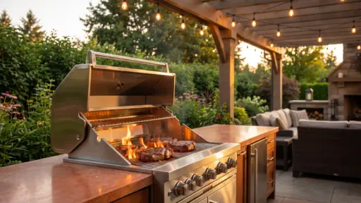 Outdoor kitchen with steaks grilling on stainless steel barbecue under pergola lights