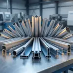 Aluminum extrusion profiles displayed on metal table in industrial factory setting