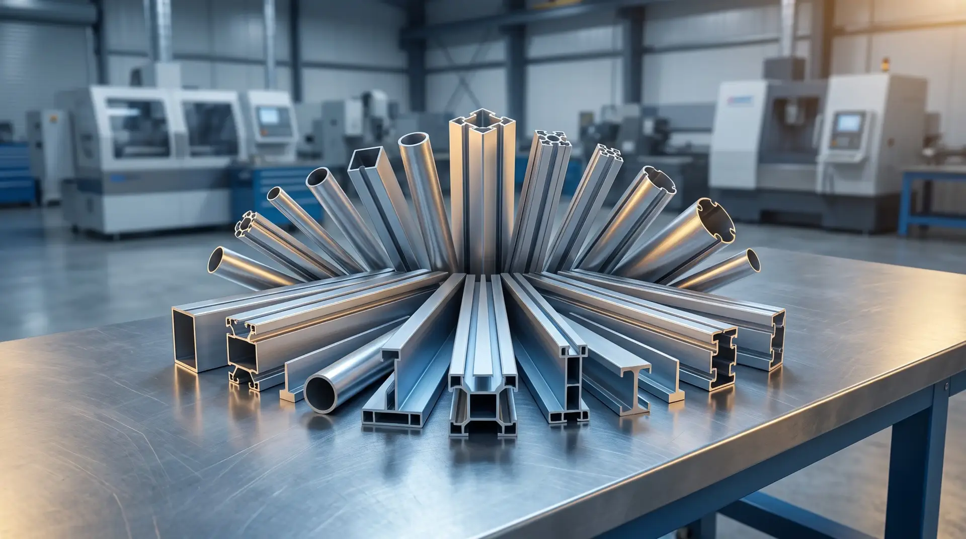 Aluminum extrusion profiles displayed on metal table in industrial factory setting