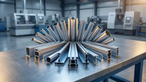Aluminum extrusion profiles displayed on metal table in industrial factory setting