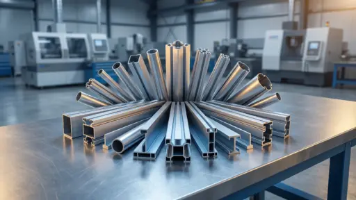 Aluminum extrusion profiles displayed on metal table in industrial factory setting
