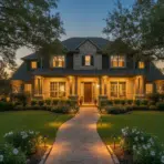 Luxury stone house with warm exterior lights and manicured gardens at dusk