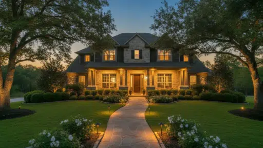 Luxury stone house with warm exterior lights and manicured gardens at dusk
