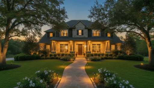 Luxury stone house with warm exterior lights and manicured gardens at dusk
