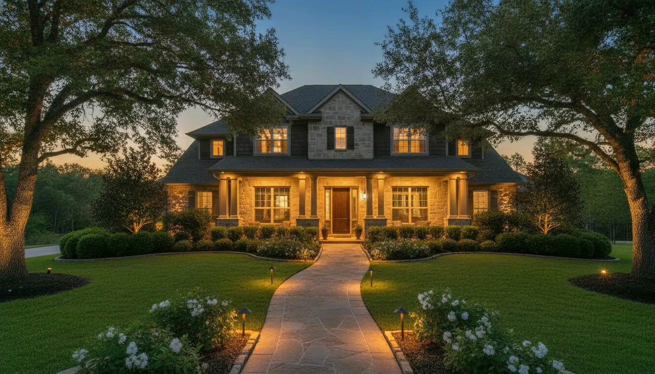 Luxury stone house with warm exterior lights and manicured gardens at dusk