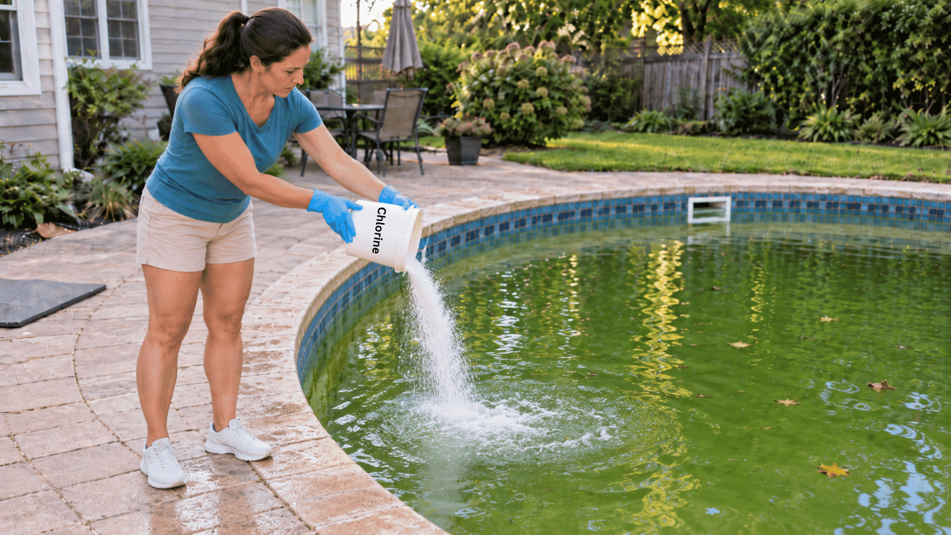 woman carefully adding chlorine shock treatment to a cloudy backyard pool affected by algae
