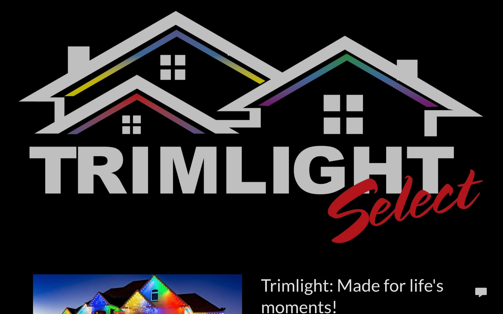 House outline logo with multicolored lines and bold text on a black background