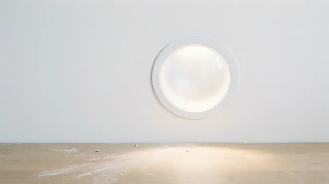 Circular recessed light on white ceiling above wooden floor with scattered white powder