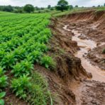 Split landscape showing healthy green farmland beside a severely eroded soil channel after rainfall