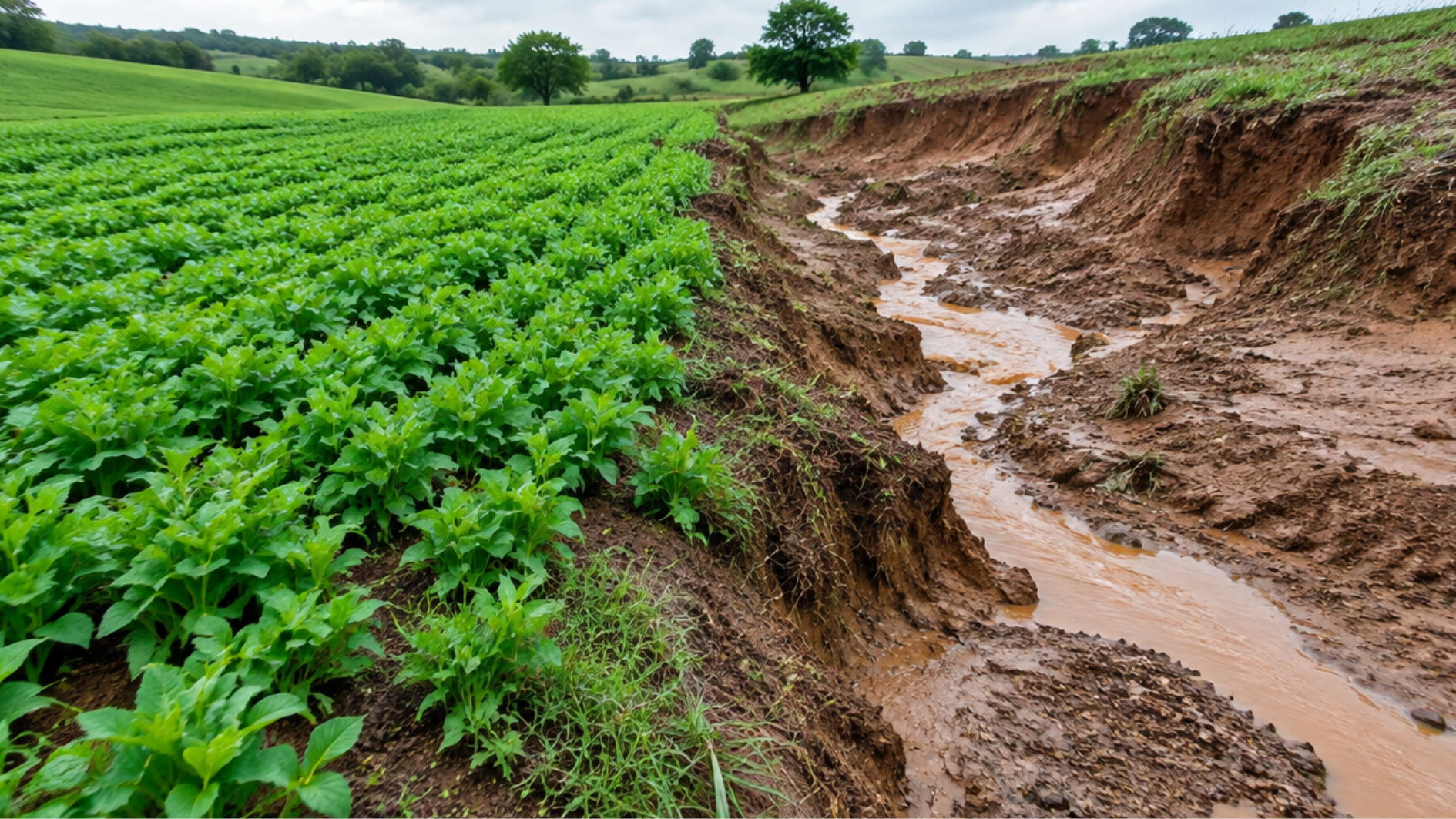 Split landscape showing healthy green farmland beside a severely eroded soil channel after rainfall