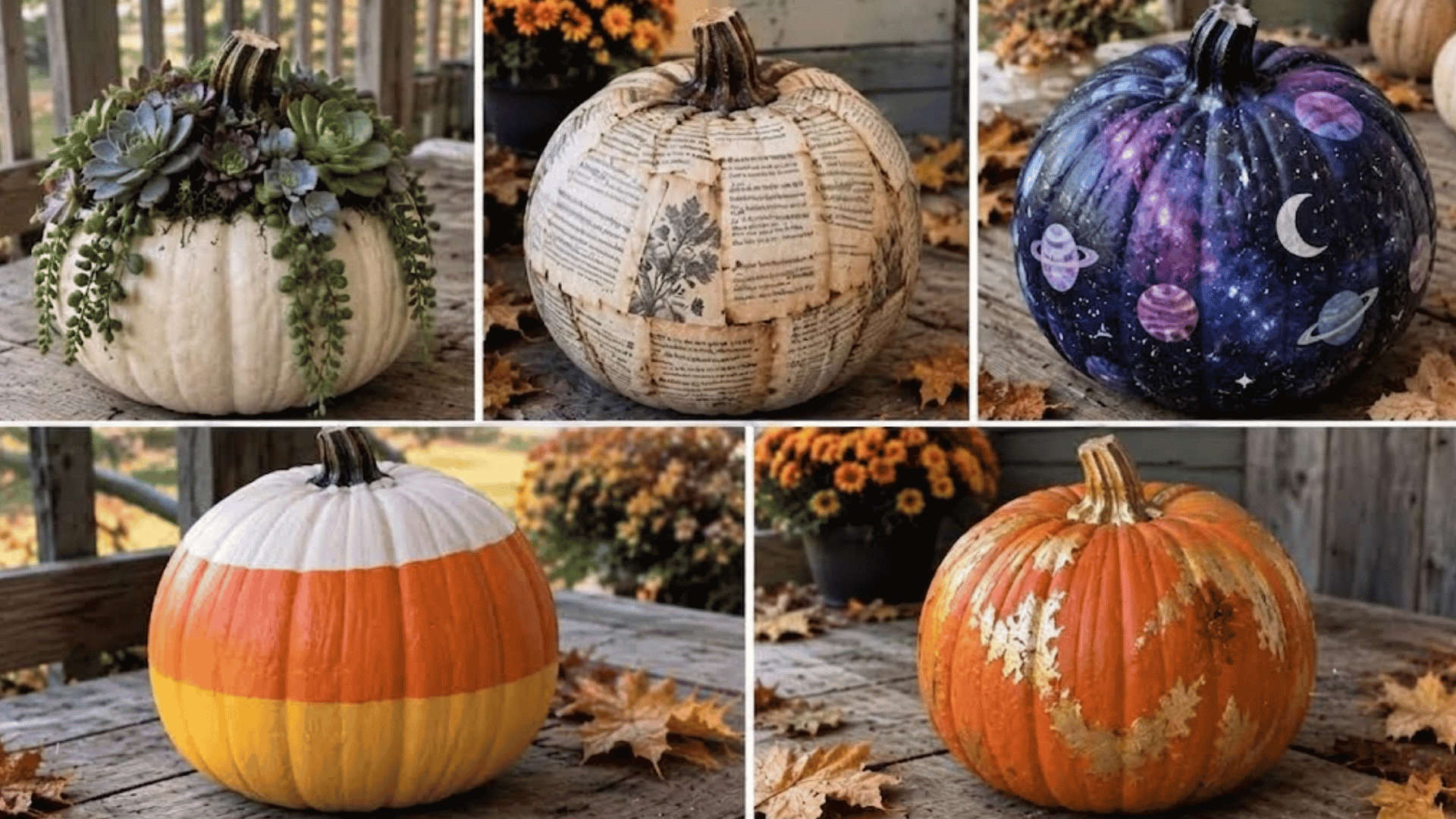 five decorated pumpkins with succulents, book pages, galaxy art, candy corn colors, and gold leaf
