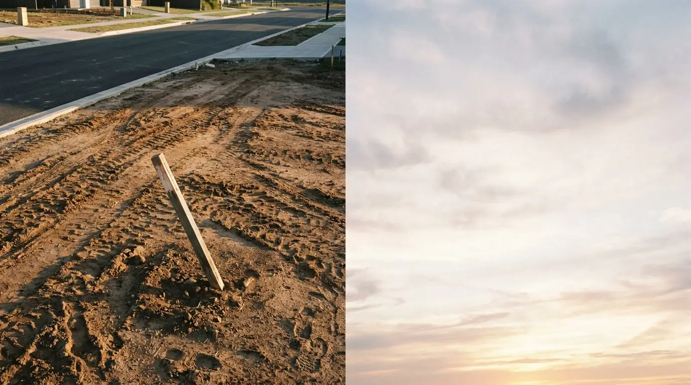 Construction site with wooden post in soil beside paved road at sunset