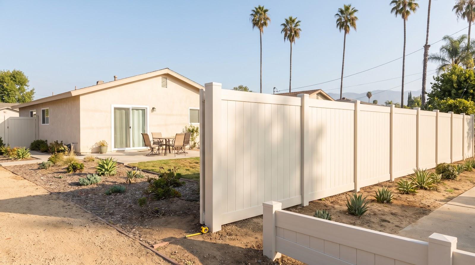 Single-story house with sliding glass doors, white fence, and patio furniture in sunny backyard