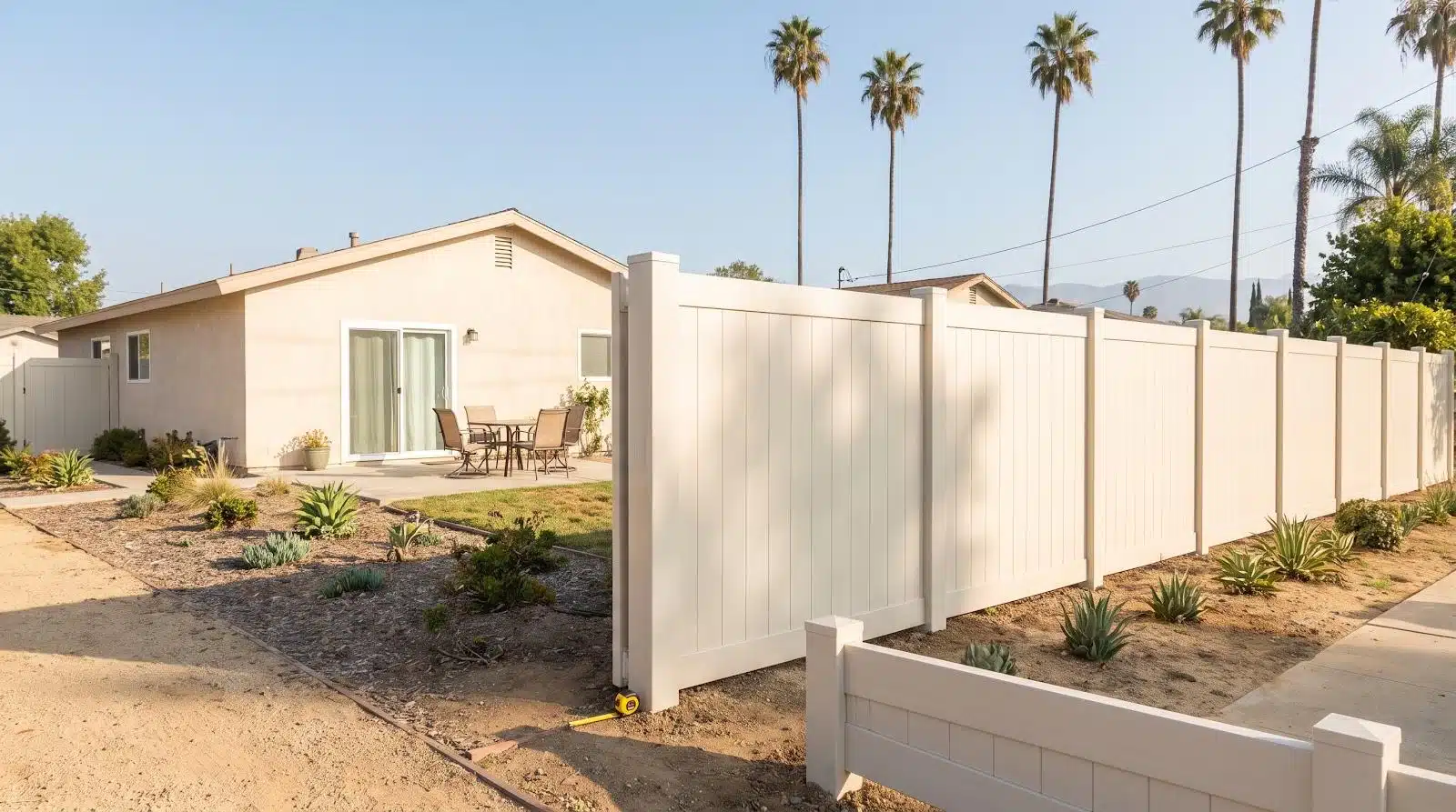 Single-story house with sliding glass doors, white fence, and patio furniture in sunny backyard